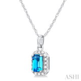 5x3 MM Octagonal Shape Blue Topaz and 1/20 Ctw Single Cut Diamond Halo Semi-Precious Pendant with Chain in 10K White Gold