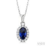 5x3 MM Oval Shape Sapphire and 1/20 Ctw Single Cut Diamond Halo Precious Pendant with Chain in 14K White Gold