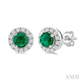 3.25 MM Round Emerald and 1/10 Ctw Round Cut Diamond Halo Precious Stud Earrings in 10K White Gold