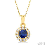 3.25 MM Round Sapphire and 1/20 Ctw Single Cut Diamond Halo Precious Pendant with Chain in 14K Yellow Gold