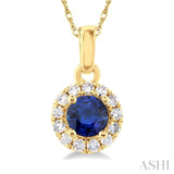 3.25 MM Round Sapphire and 1/20 Ctw Single Cut Diamond Halo Precious Pendant with Chain in 14K Yellow Gold
