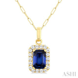 6x4 MM Octagonal Shape Sapphire and 1/6 Ctw Round Cut Diamond Halo Precious Pendant with Chain in 14K Yellow Gold
