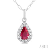 6x4 MM Pear Shape Ruby and 1/6 Ctw Round Cut Diamond Halo Precious Pendant with Chain in 14K White Gold