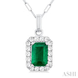6x4 MM Octagonal Shape Emerald and 1/6 Ctw Round Cut Diamond Halo Precious Pendant with Chain in 10K White Gold