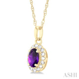 5x3 MM Oval Shape Amethyst and 1/20 Ctw Single Cut Diamond Halo Semi-Precious Pendant with Chain in 10K Yellow Gold