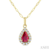 6x4 MM Pear Shape Ruby and 1/6 Ctw Round Cut Diamond Halo Precious Pendant with Chain in 14K Yellow Gold