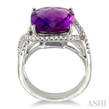12x12 MM Cushion Cut Amethyst and 1/3 Ctw Round Cut Diamond Semi-Precious Ring in 14K White Gold