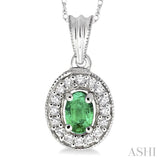 6x4 MM Oval Cut Emerald and 1/5 Ctw Round Cut Diamond Pendant in 14K White Gold with Chain