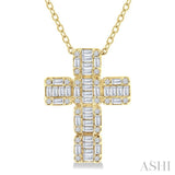 1/2 Ctw Fusion Baguette and Round Cut Diamond Cross Fashion Pendant With Chain in 14K Yellow Gold