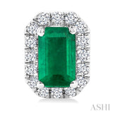 5x3 MM Octagonal Shape Emerald and 1/8 Ctw Round Cut Diamond Halo Precious Stud Earrings in 10K White Gold