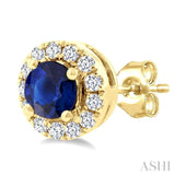 3.25 MM Round Sapphire and 1/10 Ctw Single Cut Diamond Halo Precious Stud Earrings in 14K Yellow Gold