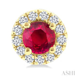 3.25 MM Round Ruby and 1/10 Ctw Single Cut Diamond Halo Precious Stud Earrings in 14K Yellow Gold