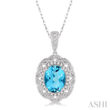8x6 MM Oval Cut Blue Topaz and 1/10 Ctw Round Cut Diamond Semi-Precious Pendant With Chain in 10K White Gold