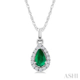 5x3 MM Pear Shape Emerald and 1/20 Ctw Round Cut Diamond Halo Precious Pendant with Chain in 14K White Gold