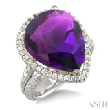 16x13 MM Pear Shape Amethyst and 1/3 Ctw Round Cut Diamond Semi-Precious Ring in 14K White Gold