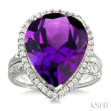 16x13 MM Pear Shape Amethyst and 1/3 Ctw Round Cut Diamond Semi-Precious Ring in 14K White Gold