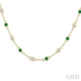 2.40 MM Round Shape Emerald and 7/8 Ctw Round Cut Diamond Precious Station Necklace in 14K Yellow Gold