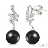 9 MM Black Cultured Pearls and 1/5 Ctw Round Cut Diamond Earrings in 14K White Gold