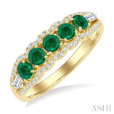 3.1 MM Round Emerald and 1/4 Ctw Baguette and Round Cut Diamond 5-Stone Precious Ring in 14K Yellow Gold