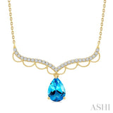 9X6 MM Pear Cut Blue Topaz and Round Cut 1/5 Ctw Diamond Semi-Precious Fashion Necklace in 10K Yellow Gold