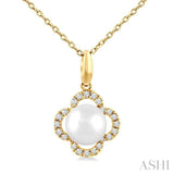 6 MM Cultured Pearl and 1/10 Ctw Round Cut Diamond Clover Petite Fashion Pendant With Chain in 10K Yellow Gold