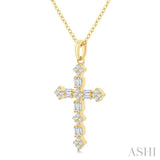 1/3 Ctw Floral Cross Fusion Baguette and Round Cut Diamond Fashion Pendant With Chain in 14K Yellow Gold