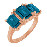 14K Rose Gold 8x6 mm Emerald Natural London Blue Topaz Three-Stone Ring