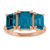 14K Rose Gold 8x6 mm Emerald Natural London Blue Topaz Three-Stone Ring