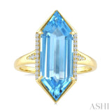 22X8 MM Hexagon Shape Blue Topaz and 1/10 Ctw Round Cut Diamond Semi-Precious Ring in 14K Yellow Gold