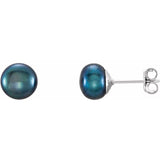 Sterling Silver 7-8 mm Cultured Black Freshwater Button Pearl Earrings