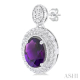 7X5 MM Oval Cut Amethyst and 1/20 Ctw Round Cut Diamond Semi-Precious Earrings in Sterling Silver