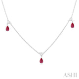 5X3 MM Pear Shape Ruby and 1/4 Ctw Round Cut Diamonds Precious Station Necklace in 14K White Gold