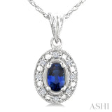 5x3 MM Oval Shape Sapphire and 1/20 Ctw Round Cut Diamond Pendant in 14K White Gold with Chain