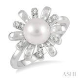 1/10 Ctw Floral 7 MM Round Cultured Pearl & Round Cut Diamond Ring in 10K White Gold