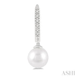 6 MM Round Shape Cultured Pearls and 1/8 Ctw Round Cut Diamond Drop Petite Huggie Earrings 10K White Gold
