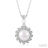 7x7 MM Round Shape Cultured Pearl and 1/10 Ctw Sunflower Round Cut Diamond Pendant With Chain in 10K White Gold