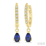 5x3 MM Pear Cut Sapphire and 1/8 Ctw Round Cut Diamond Petite Fashion Huggie Earrings in 14K Yellow Gold