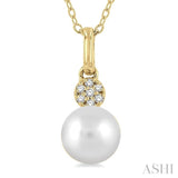 6 MM Round Shape Cultured Pearl and 1/50 Ctw Round Cut Diamond Petite Fashion Pendant With Chain in 10K Yellow Gold