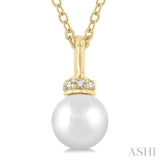 6 MM Round Shape Cultured Pearl and 1/20 Ctw Petite Round Cut Diamond Crown Fashion Pendant With Chain in 10K Yellow Gold