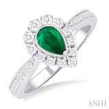 1/3 ctw Pear Cut 6X4 MM Emerald and Round Cut Diamond Precious Ring in 14K White Gold