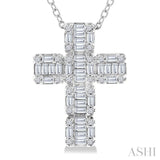 1/2 Ctw Fusion Baguette and Round Cut Diamond Cross Fashion Pendant With Chain in 14K White Gold