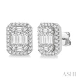 1 Ctw Octagonal Baguette & Round Cut Diamond Stud Earrings in 14K White Gold