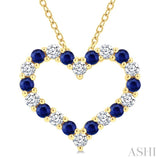 2.3 MM Round Cut Sapphire and 1/2 Ctw Open Heart Round Cut Diamond Precious Fashion Pendant With Chain in 14K Yellow Gold