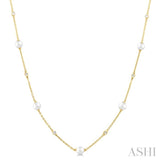 4 MM Round Shape Cultured Pearl and 1/6 Ctw Round Cut Diamond Station Necklace in 14K Yellow Gold