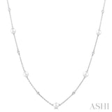 3 MM Round Shape Cultured Pearl and 1/8 Ctw Round Cut Diamond Station Necklace in 14K White Gold