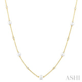 3 MM Round Shape Cultured Pearl and 1/8 Ctw Round Cut Diamond Station Necklace in 14K Yellow Gold