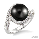 11 MM Black Cultured Pearl and 1/3 Ctw Round Cut Diamond Ring in 14K White Gold