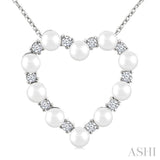3 MM Round Shape Cultured Pearl and 1/5 Ctw Round Cut Diamond Heart Shape Pendant With Chain in 14K White Gold