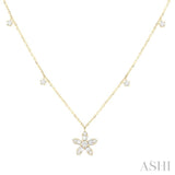 3/8 Ctw Floral Dangle Baguette and Round Cut Diamond Station Necklace in 10K Yellow Gold