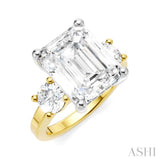 1 Ctw Tri-Mount Emerald Shape Center Round Cut Diamond Semi Mount Engagement Ring in 14K Yellow and White Gold